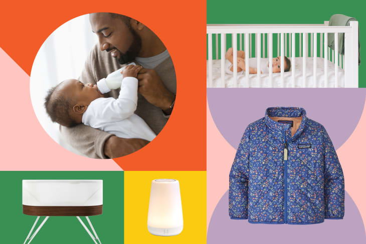 Father feeding baby with bottle, baby in crib, floral jacket, bassinet, and night light on colorful background.