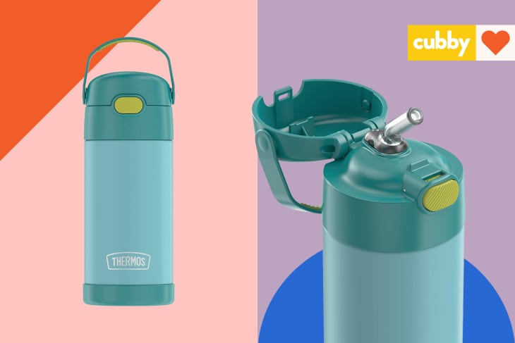 Graphic showing a full-size Thermos children's water bottle and a shot of the top open with the straw out.