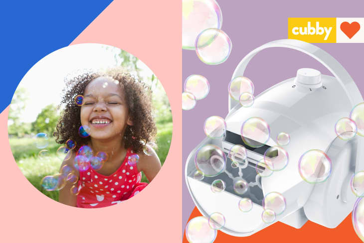 girl with bubbles and bubble machine side by side in graphic treatment