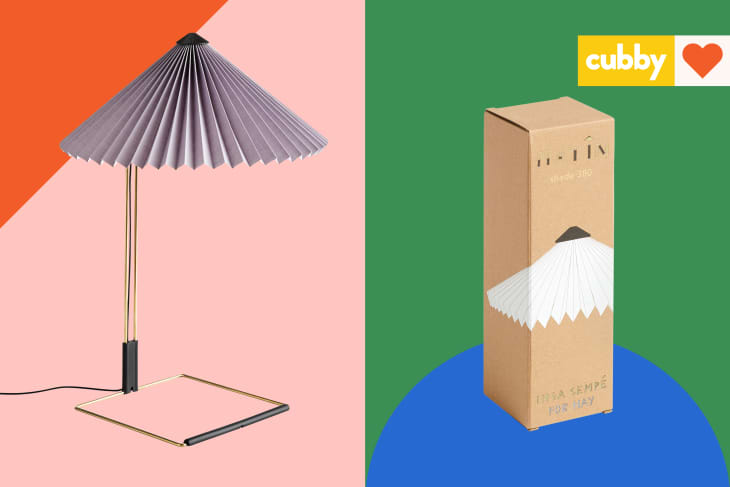 Hay large table lamp shown in color lavender, set up and in box packaging.