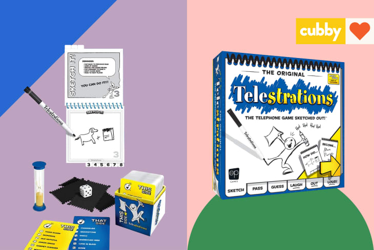 Graphic showing Telestrations board game box next to the various game parts.