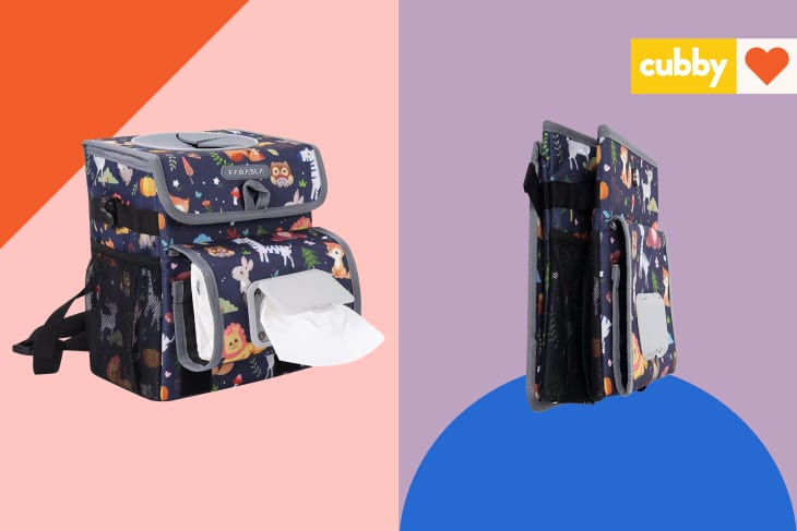 Graphic showing side by side photos of a patterned car trash bag open and ready to use and closed and flattened for storage