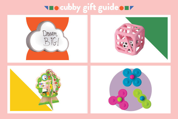 A graphic showcasing four toys that can be found at Fat Brain Toys: light-up message board shaped like a cloud, chew cube, forest friends discovery tree, and whirly squigz spinners.