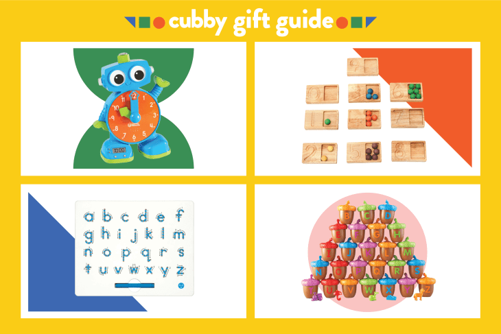 A graphic showcasing four toys related to letters and learning