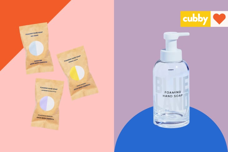 Refillable Blueland hand soap packets shown with the glass soap bottle