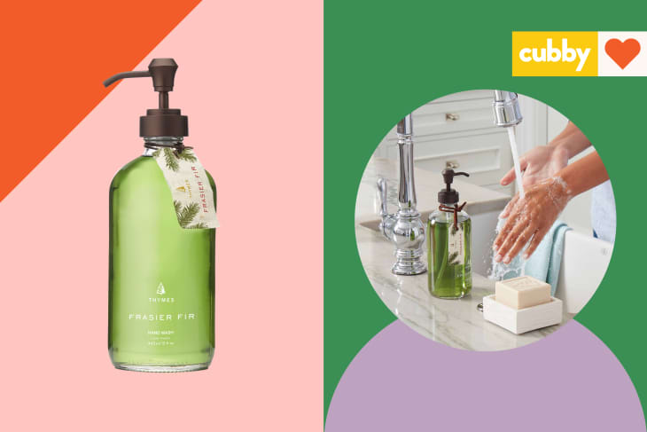 graphic showing hand soap bottle alone and in use while someone is washing their hands at the kitchen sink