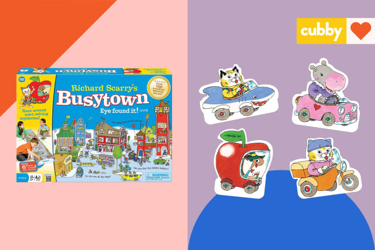 Graphic showing board game Busytown box and four of the character tiles