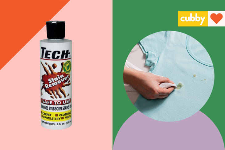 Graphic showing Tech stain remover bottle and a shirt with stains being cleaned
