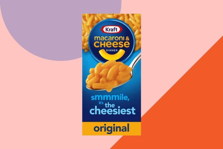 Box of Kraft original Macaroni &amp; Cheese Dinner on colorful graphic background
