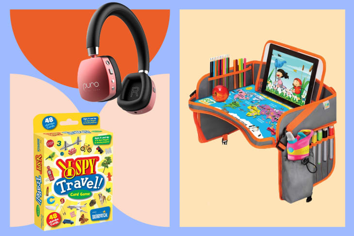 3 products to help kids on road trips on colored graphic background