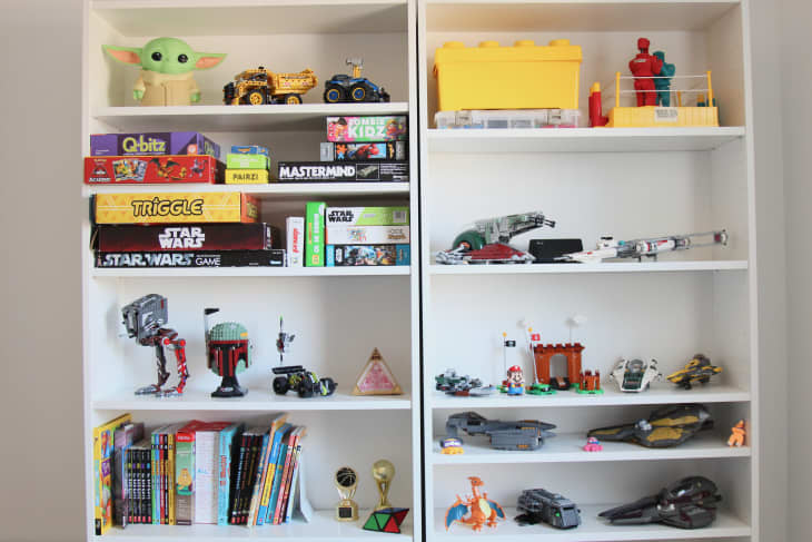 Ikea Billy bookshelf with kids toys and games.