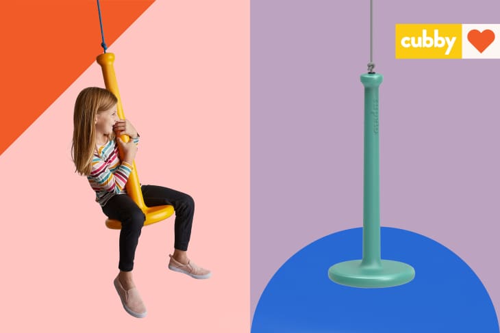 Girl swinging on yellow Zephyr Flyer rope swing, and image of teal swing alone on colored background