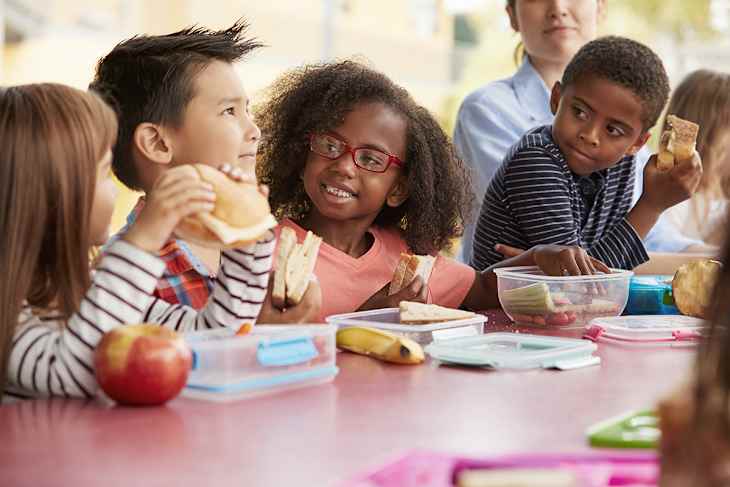 Children sitting at a table eating sandwiches and fruit, with lunchboxes and a teacher in the background.
