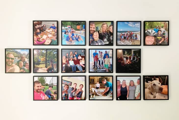 Collage of family photos in black frames on a wall, featuring various outdoor and indoor activities with people and a dog.
