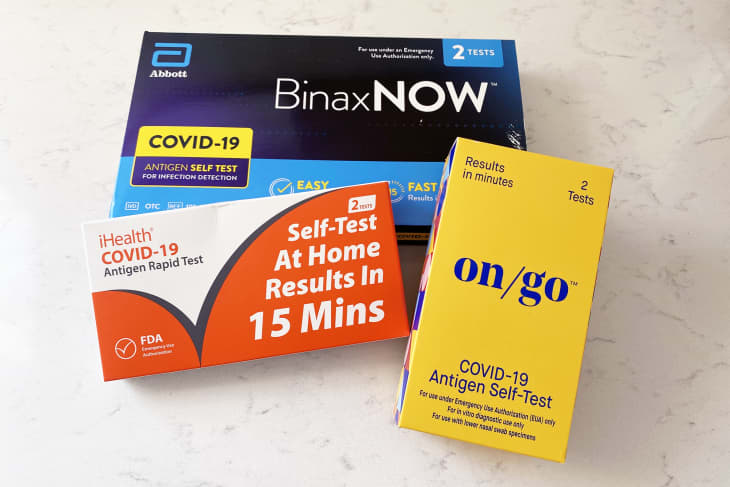 Covid-19 over the counter rapid tests on countertop: BinaxNOW, on/go, and iHelath brands