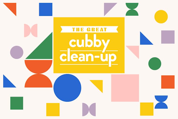 Colorful geometric shapes surrounding "The Great Cubby Clean-Up" text on a yellow background.