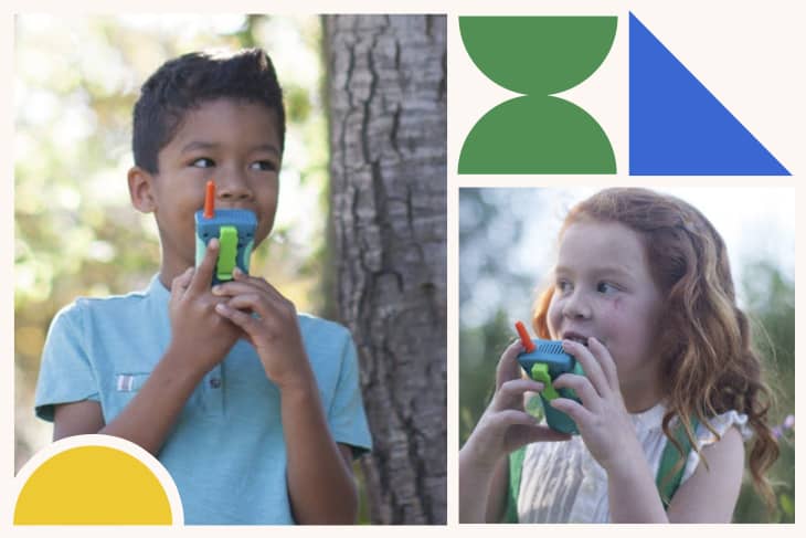 Two children using colorful walkie-talkies outdoors, with geometric shapes in the background.