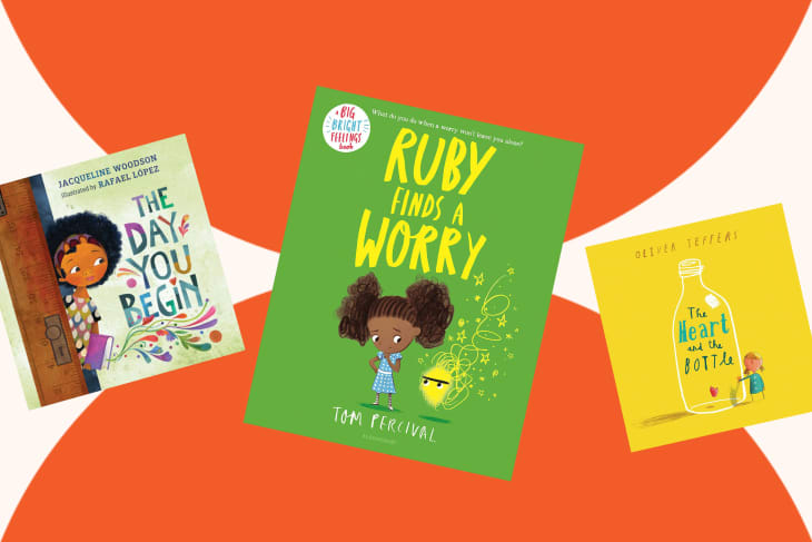 Three children's book covers: "The Day You Begin," "Ruby Finds a Worry," and "The Heart and the Bottle."