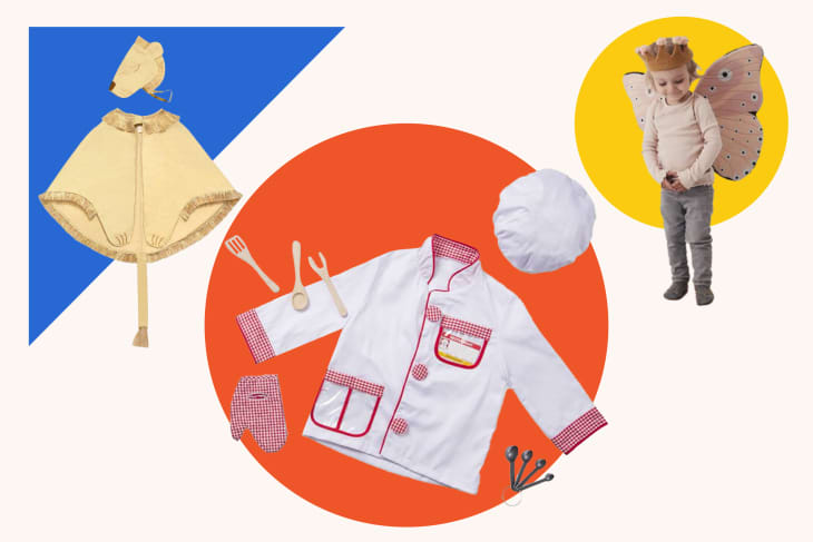 Children's dress-up costumes including a lion cape, chef outfit with utensils, and a child in butterfly wings.