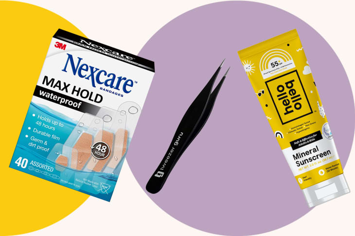 Nexcare waterproof bandages, black tweezers, and Hello Bello mineral sunscreen on a purple circle background.