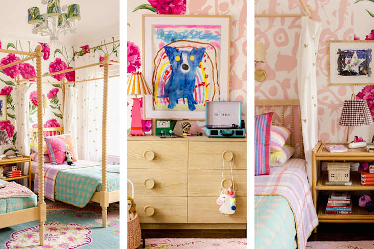 Brightly decorated children's bedroom featuring floral wallpaper, a canopy bed, colorful bedding, and playful decor items.