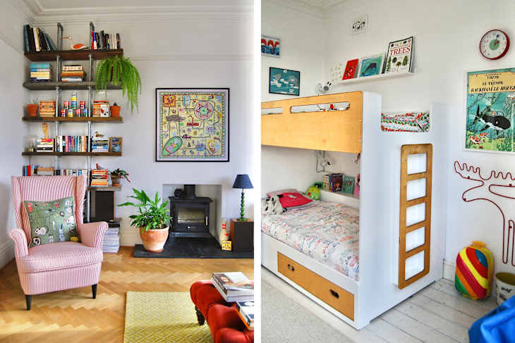 White family living room with colorful accents next to white kids' room with colorful accents, bunk bed