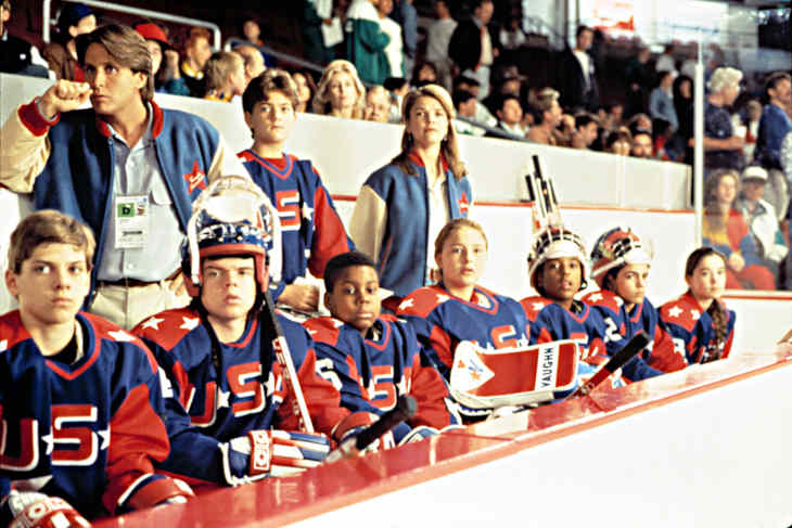 THE MIGHTY DUCKS, Emilio Estevez, Joshua Jackson, Kathryn Erbe, Vincent Larusso, Elden Henson, etc, watch their team play in the Junior Goodwill Games in Los Angeles, 1994.
