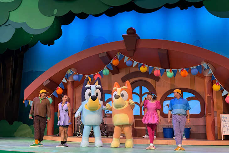 Live performance featuring costumed characters Bluey and Bingo, with performers in colorful outfits on a vibrant stage.