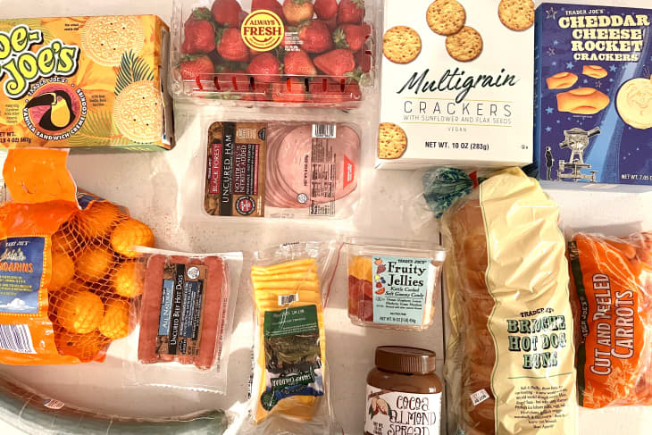 spread of snacks and food from trader joe's for school lunches