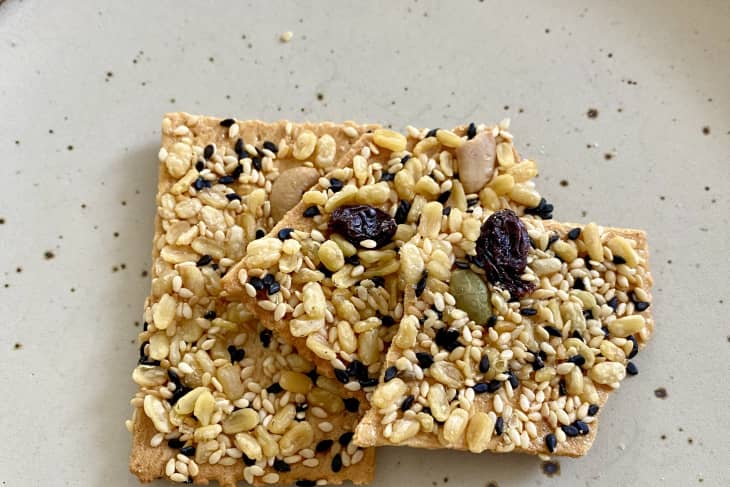 trader joe's trail mix crackers on speckled cream plate