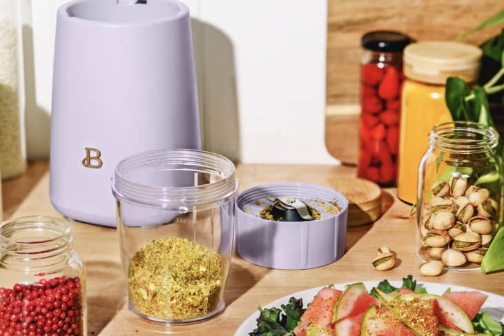 lavender personal blender surrounded by ingredients