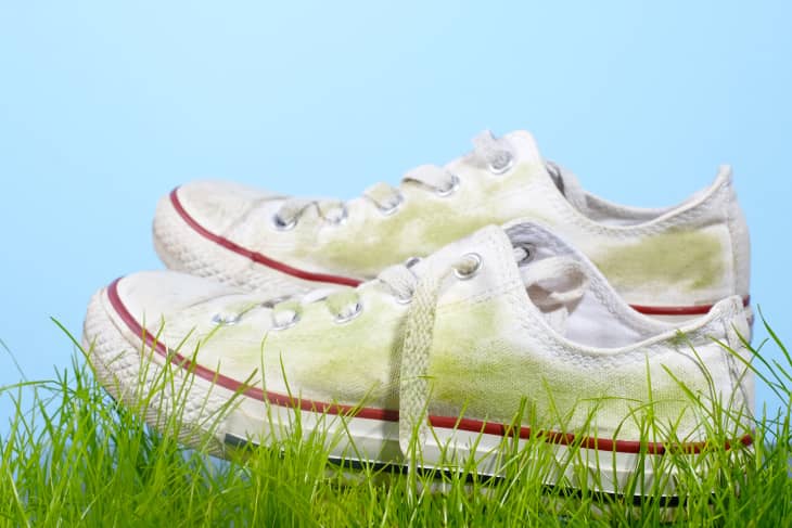 Worn white canvas sneakers with red trim resting on green grass.