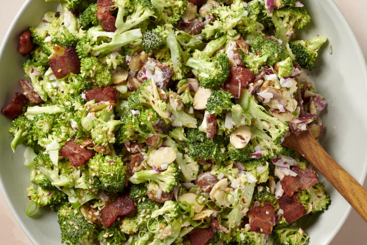 bacon broccoli salad in a serving bowl