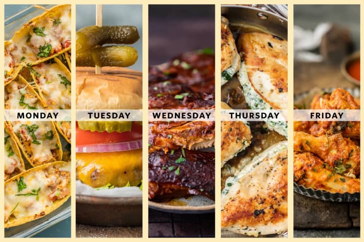 Weekly meal plan with tacos, burger, ribs, stuffed chicken, and buffalo wings labeled Monday to Friday.
