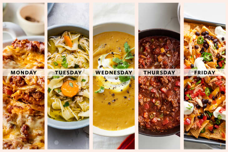 Weekly meal plan with lasagna, chicken noodle soup, squash soup, chili, and nachos for Monday to Friday.