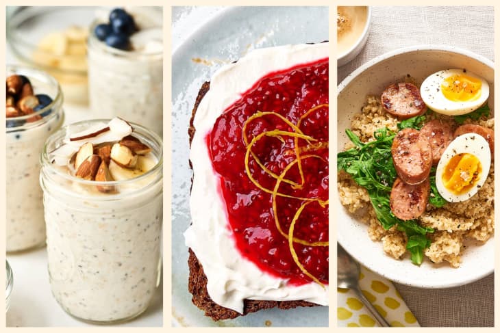 overnight oats with almonds and blueberries, toast with cottage cheese and jam, quinoa with sausage and eggs