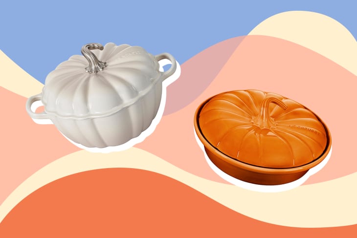 A graphic featuring two pumpkin shaped pots from Le Crest.