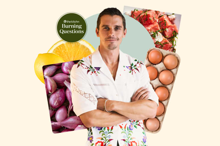 graphic collage of Antoni Porowski shown with lemons, shallots, a watermelon salad, and a carton of eggs