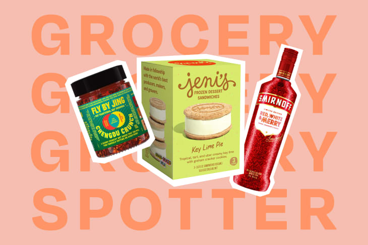 three new grocery products on a graphic background