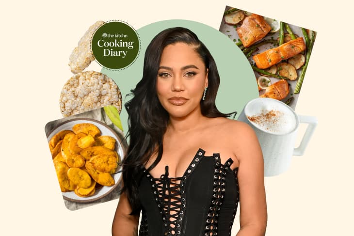 graphic collage with Ayesha Curry surrounded by a plate of fried plantains, rice cakes, a sheet pan salmon dinner, and a nutmeg latte