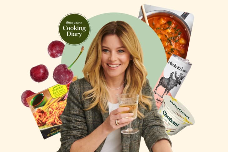 graphic collage of Elizabeth banks surrounded by frozen cherries, a box of Trader Joes Vegetable Bird's Nests, a gnocchi soup, a can of her wine brand Archer Roose, and a vanilla Chobani cup