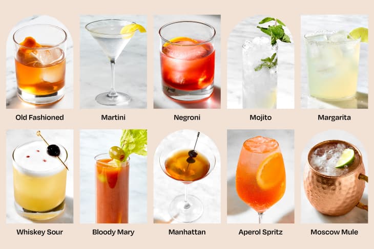 10 labeled photos of classic cocktails