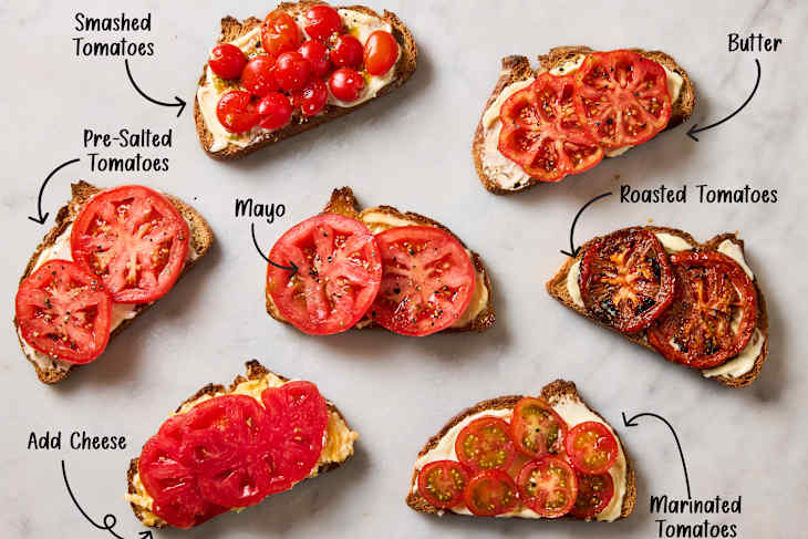 Six slices of toasted bread topped with various tomato preparations: smashed, pre-salted, roasted, marinated, and mayo with cheese.