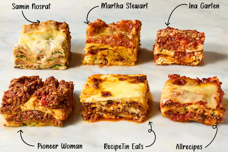Six different lasagna slices displayed on a marble surface, showcasing various layers and toppings.