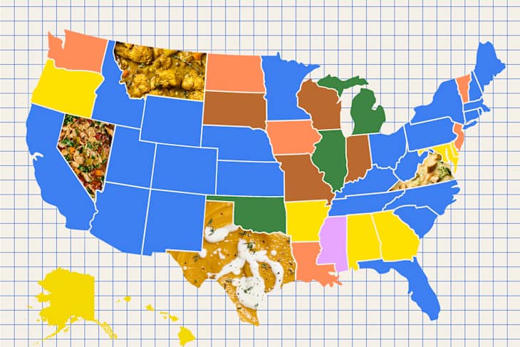 Map of the United States with colorful regions showcasing various dishes, including images of food in select states.