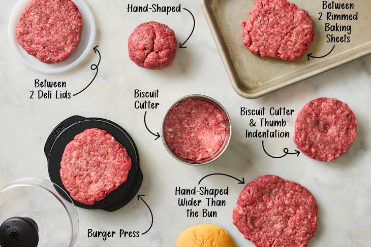Raw ground beef patties on a marble surface shaped using different methods