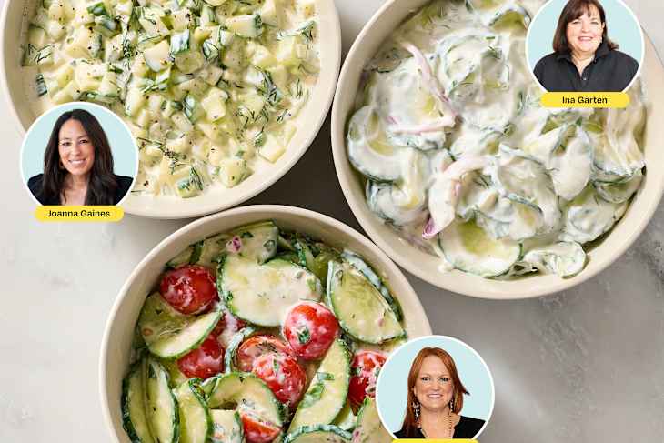 Three bowls of cucumber salads: one with diced cucumbers in a creamy dressing, one with sliced cucumbers and red onions, and one with cucumbers and cherry tomatoes. Over each bowl is a headshot of Joanna Gaines, Ina Garten, and Ree Drummond respectively.