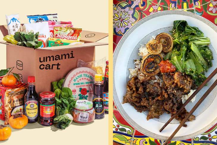 Diptych of Umami Cart box with ingredients on left and prepared meal using Umami box.