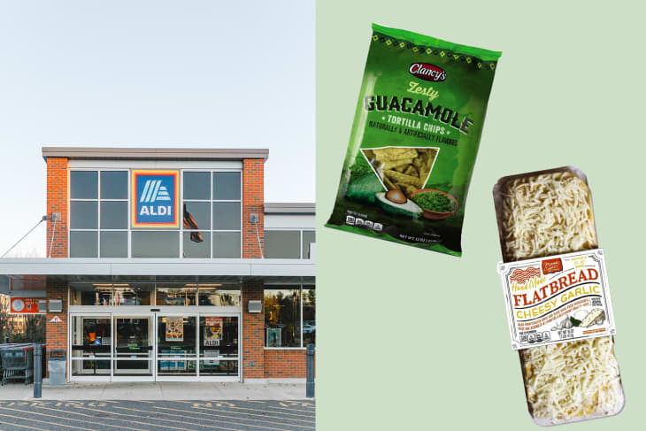 Diptych of Aldi storefront on left and Aldi groceries on right.