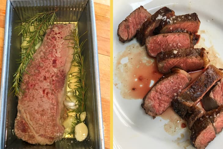 diptych of steak in bath and cut on a plate